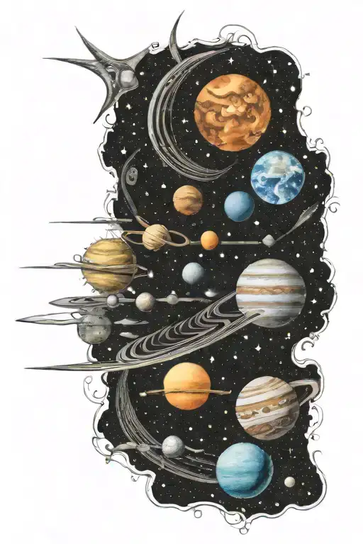 horizontal line with the sun, Venus, Neptune, Mercury, Mars, Saturn, moon and stars  tattoo design idea