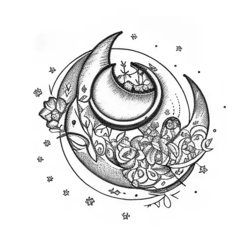 crescent moon decorated with delicate flowers in the lower corner. underneath it has thin cords where the letters G, V,  tattoo design idea
