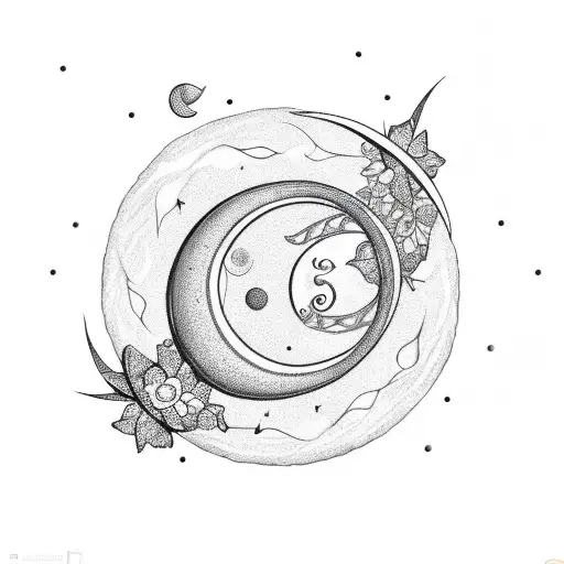 crescent moon decorated with delicate flowers , underneath it has thin cords where the letters G, V,  tattoo design idea