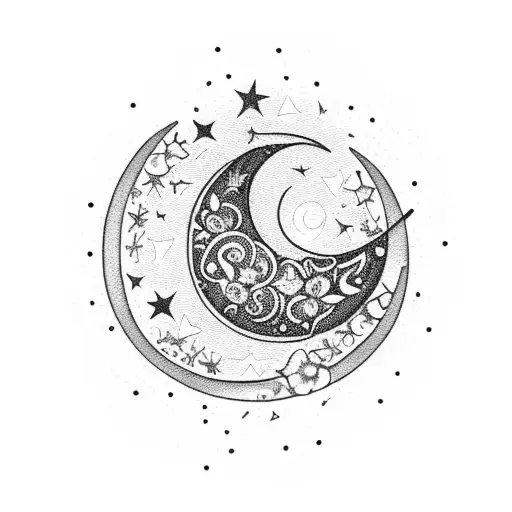 crescent moon decorated with delicate flowers in the lower corner. underneath it has thin cords where the letters G, V,  tattoo design idea
