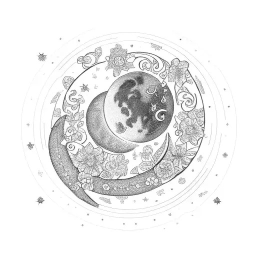 a big central crescent moon decorated with delicate flowers , underneath it has thin cords where the letters G, V,  tattoo design idea
