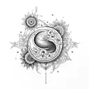 a big central crescent moon decorated with delicate flowers , underneath it has thin cords where the letters G, V,  tattoo design idea