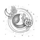 a big central crescent moon decorated with delicate flowers , underneath it has thin cords where the letters G, V,  tattoo design idea