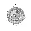 a big central crescent moon decorated with delicate flowers , underneath it has thin cords where the letters G, V,  tattoo design idea