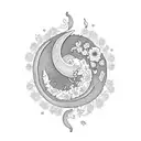 a big central crescent moon decorated with delicate flowers , underneath it has thin cords where the letters G, V,  tattoo design idea