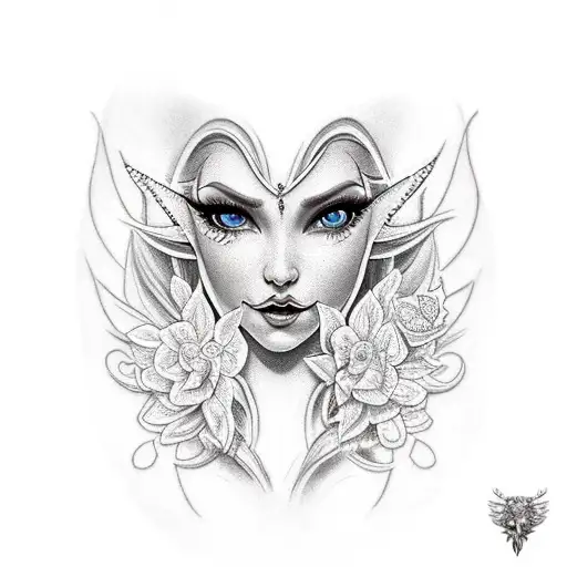 an female elf with white dress and corset tattoo design idea