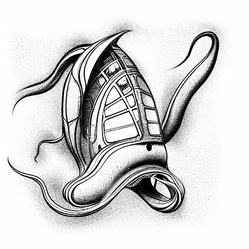 side profile of a futuristic alien space craft with long tentacles. tattoo design idea