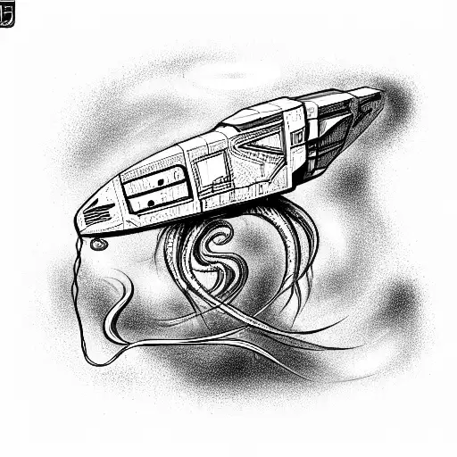 side profile of a futuristic alien space craft with long tentacles. tattoo design idea