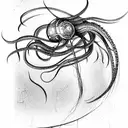 side profile of a futuristic alien space craft with long tentacles. tattoo design idea