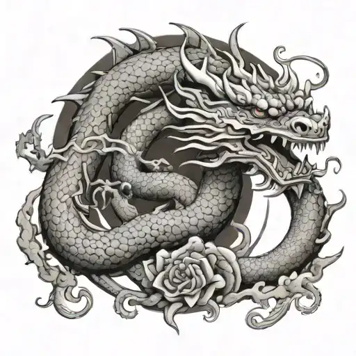 An intricate design of a dragon coiled around a vintage Japanese car tattoo design idea