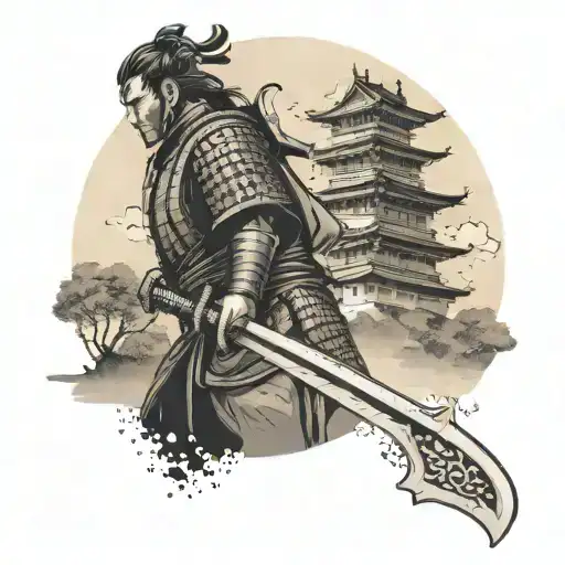 A katana blade morphing into a Japanese castle with a samurai warrior standing guard tattoo design idea