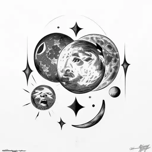 star, moon and sun surrealistic  tattoo design idea