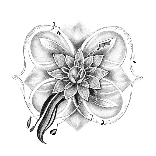 A blackwork tattoo of a stargazer lily intertwined with musical notes, symbolizing the harmony between your passion for music and your love for your children. tattoo design idea