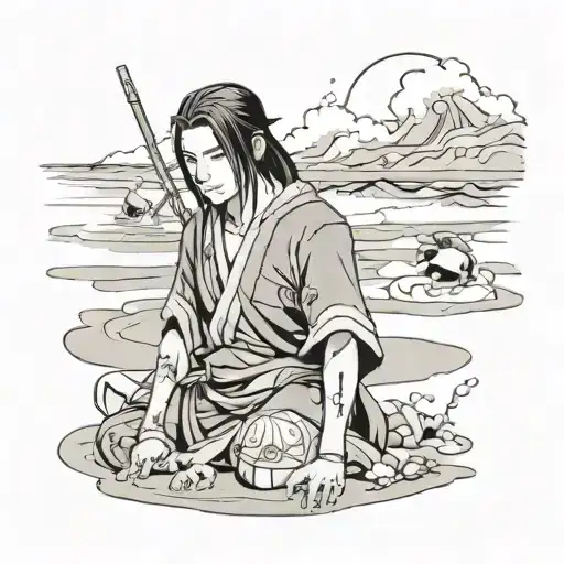 a manga beach with an iop, a dofus and semi-realistic itachi uchiha tattoo design idea