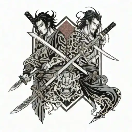 three swords crossing, Right sword in DemonSlayer style, Center OnePiece Style, Left in Outdoors Style  tattoo design idea