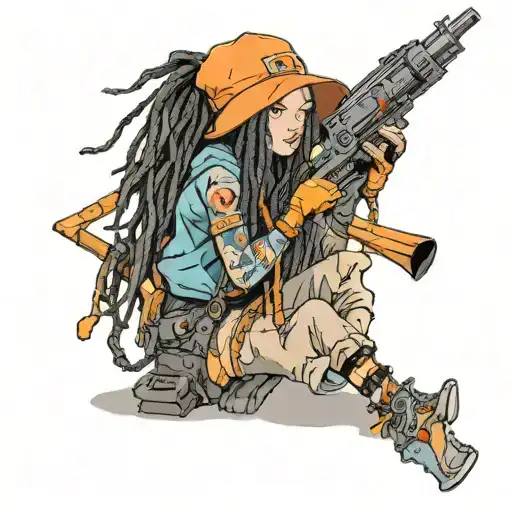 girl with dreads and a backwards orange hat dressed in orane and holding a orange rocket launcher valorant raze tattoo design idea