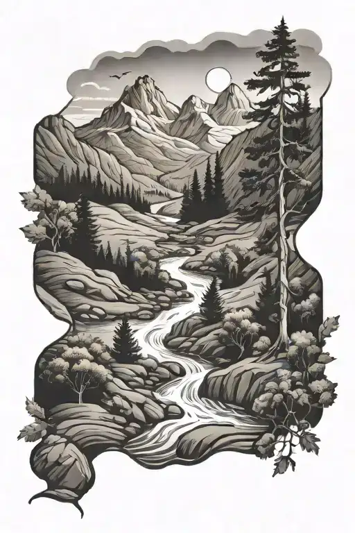 Stream running through a valley with trees and mountains tattoo design idea