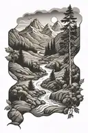 Stream running through a valley with trees and mountains tattoo design idea