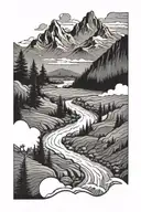 Stream running through a valley with trees and mountains tattoo design idea