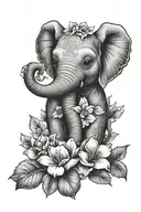 baby elephant surrounded by flower tattoo design idea