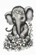 baby elephant surrounded by flower tattoo design idea