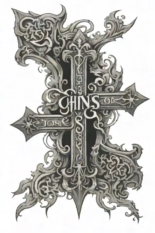 Cross with John 3:16 and CMM23 words in cross tattoo design idea