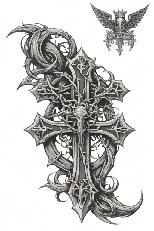 Cross with crown of thorns and John 3:16 bible verse and CMM23 in the coss tattoo design idea