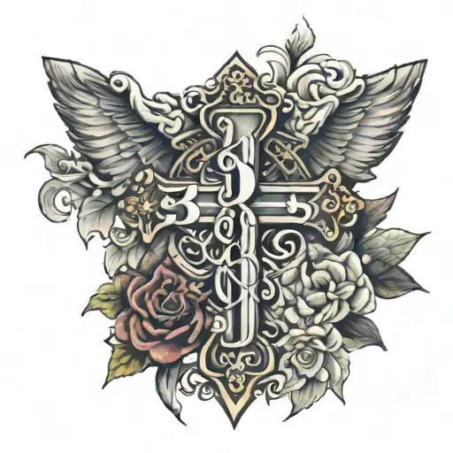 Cross with John 3:16 and CMM23 words in cross tattoo design idea