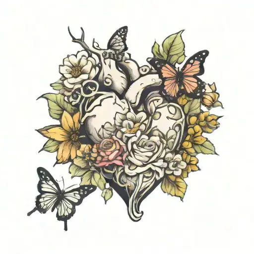 realistic heart with a garden of flowers growing from it and butterflies and bees flying around  tattoo design idea