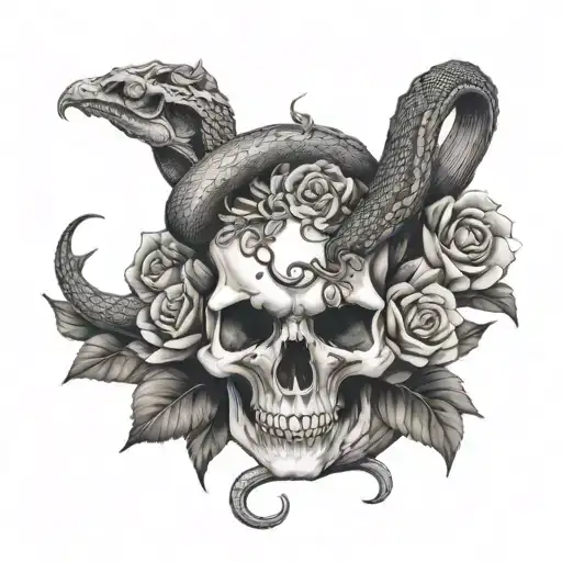 snake, skull, flowers tattoo design idea