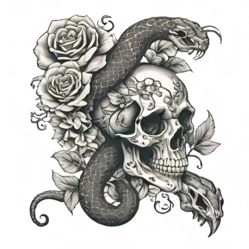 snake, skull, flowers tattoo design idea
