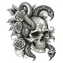 snake, skull, flowers tattoo design idea