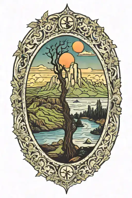 tarot card containing a landscape with a cliff and a sun tattoo design idea