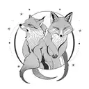 Two foxes with their tails entwined looking at the moon. tattoo design idea