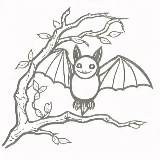 a cute happy bat hanging upside down from a branch tattoo design idea