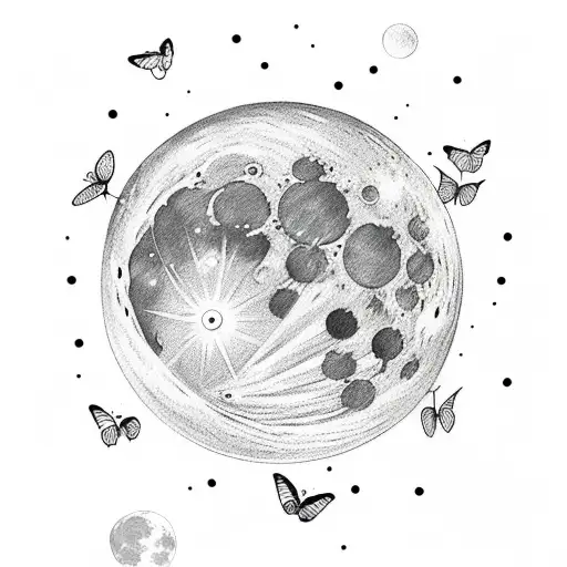 Lunar Moon with a star and butterflies  tattoo design idea
