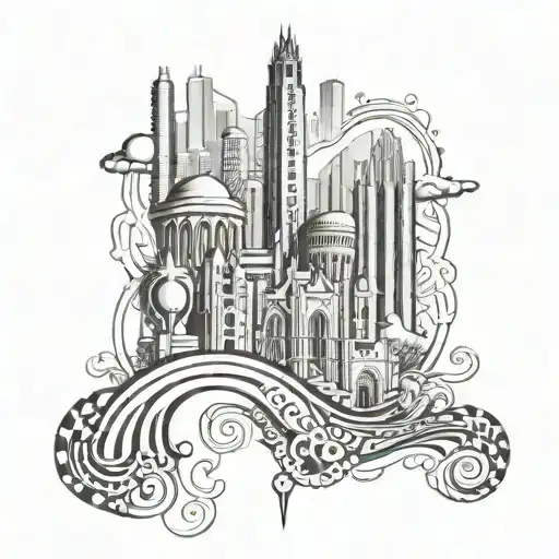 A tattoo design of the skyline of Barcelona with a DNA double helix incorporated into the architecture tattoo design idea