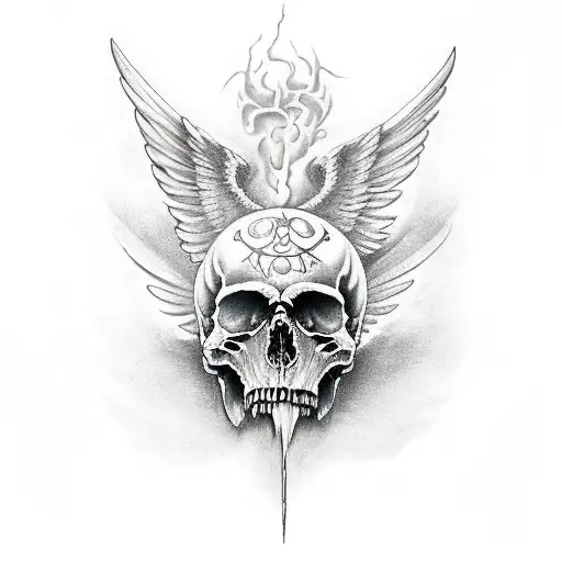 broken skull and  wings tattoo design idea