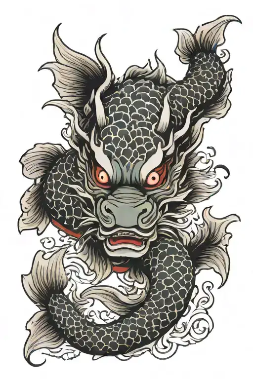 koi fish, dragon, oni mask tattoo design idea