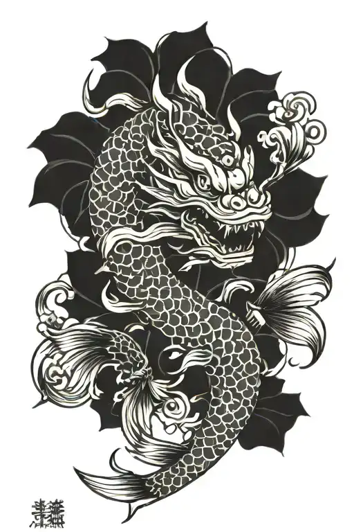 koi fish, dragon, oni mask tattoo design idea