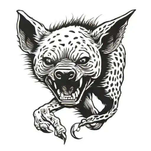 Hyena walking with its head down laughing showing its teeth, with round and gloomy eyes tattoo design idea