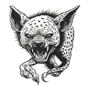 Hyena walking with its head down laughing showing its teeth, with round and gloomy eyes tattoo design idea