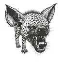 Hyena walking with its head down laughing showing its teeth, with round and gloomy eyes tattoo design idea