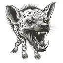 Hyena walking with its head down laughing showing its teeth, with round and gloomy eyes tattoo design idea