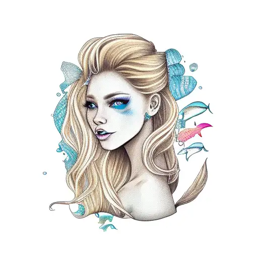 mermaid with my wife's face long blonde hair full body with tail tattoo design idea