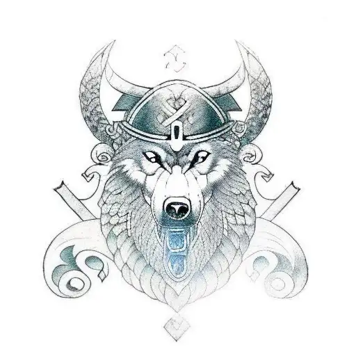 A powerful Viking god with the head of a wolf, the body of a bear, and wings of a raven, symbolizing strength and wisdom tattoo design idea