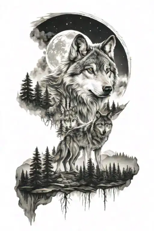 wolf forest landscape tattoo design idea