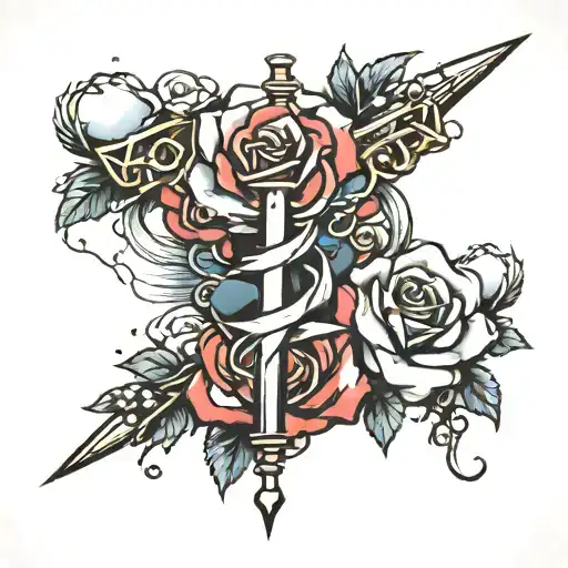 lightning bolt and rosary wrapped and rose intertwined and clouds  tattoo design idea