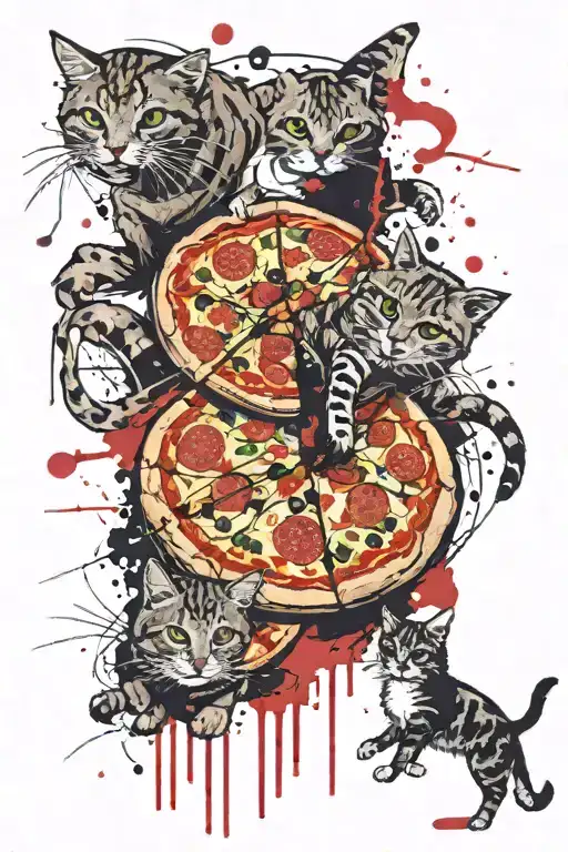 pizza and cats playing tattoo design idea