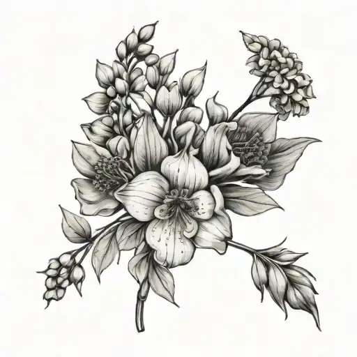 Birth flower stems  with birth flowers from march, may, and august  tattoo design idea
